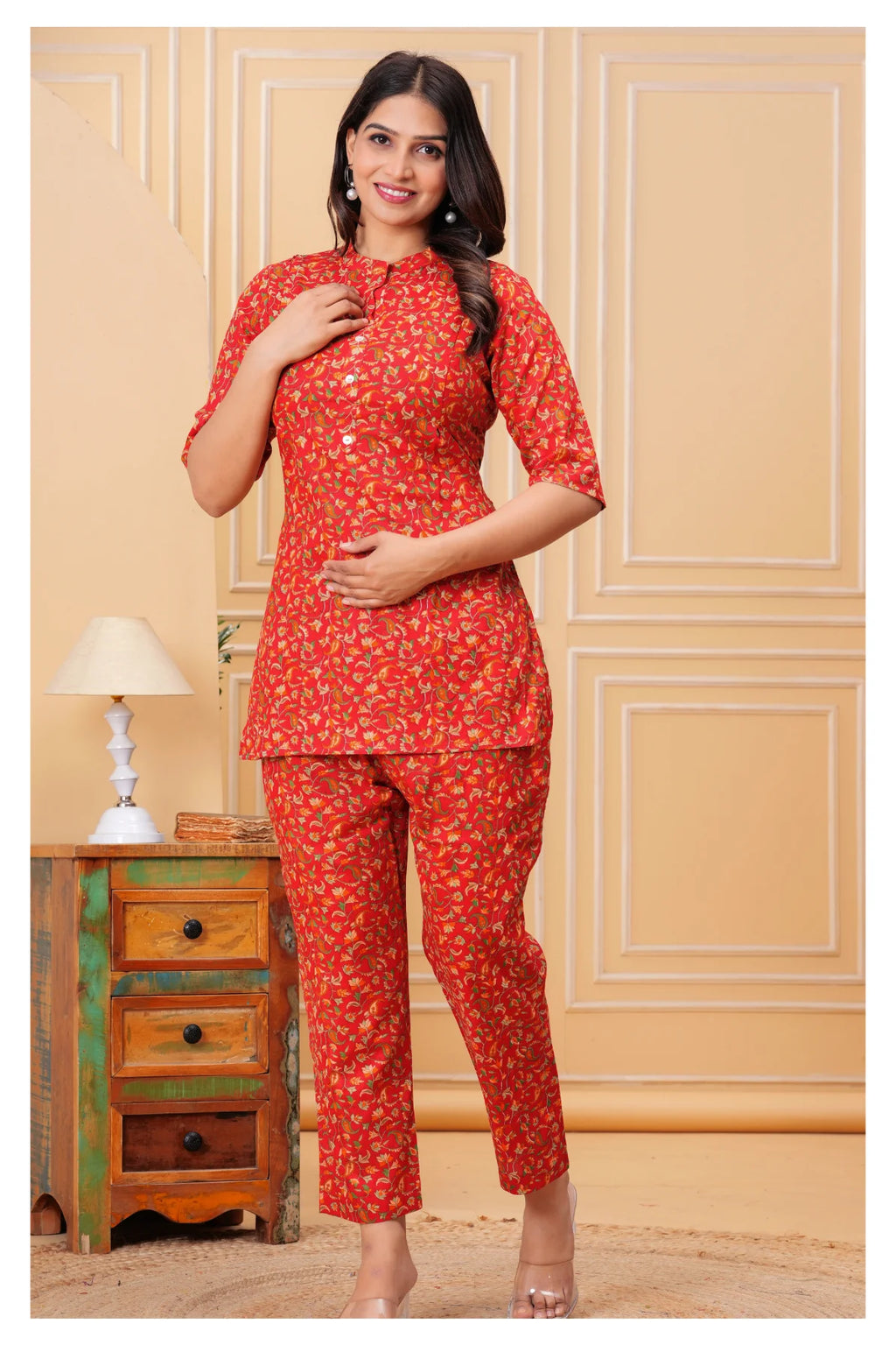 Women’s Maternity Feeding Cord Set | Floral Printed Nursing Co-Ord Set (Red)