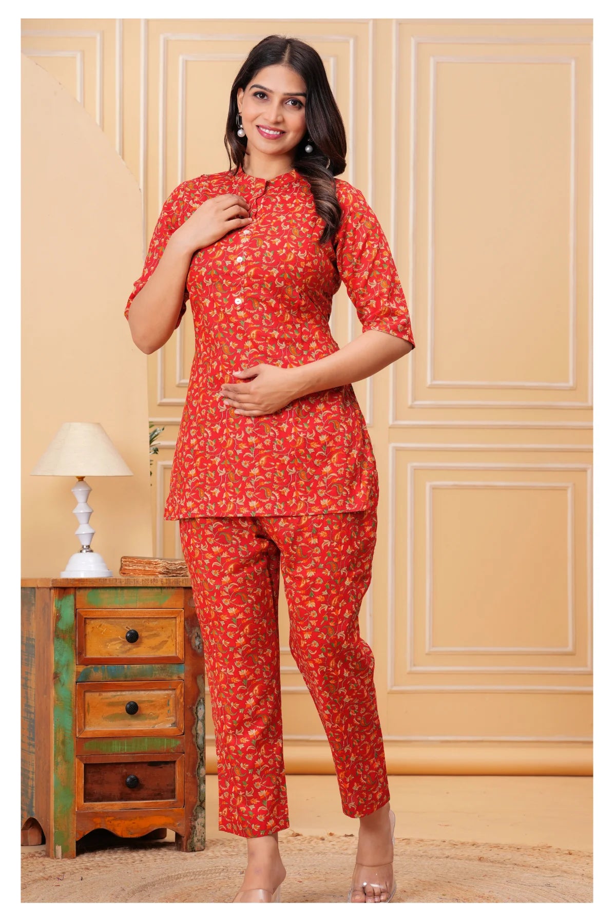 Women’s Maternity Feeding Cord Set | Floral Printed Nursing Co-Ord Set (Red)