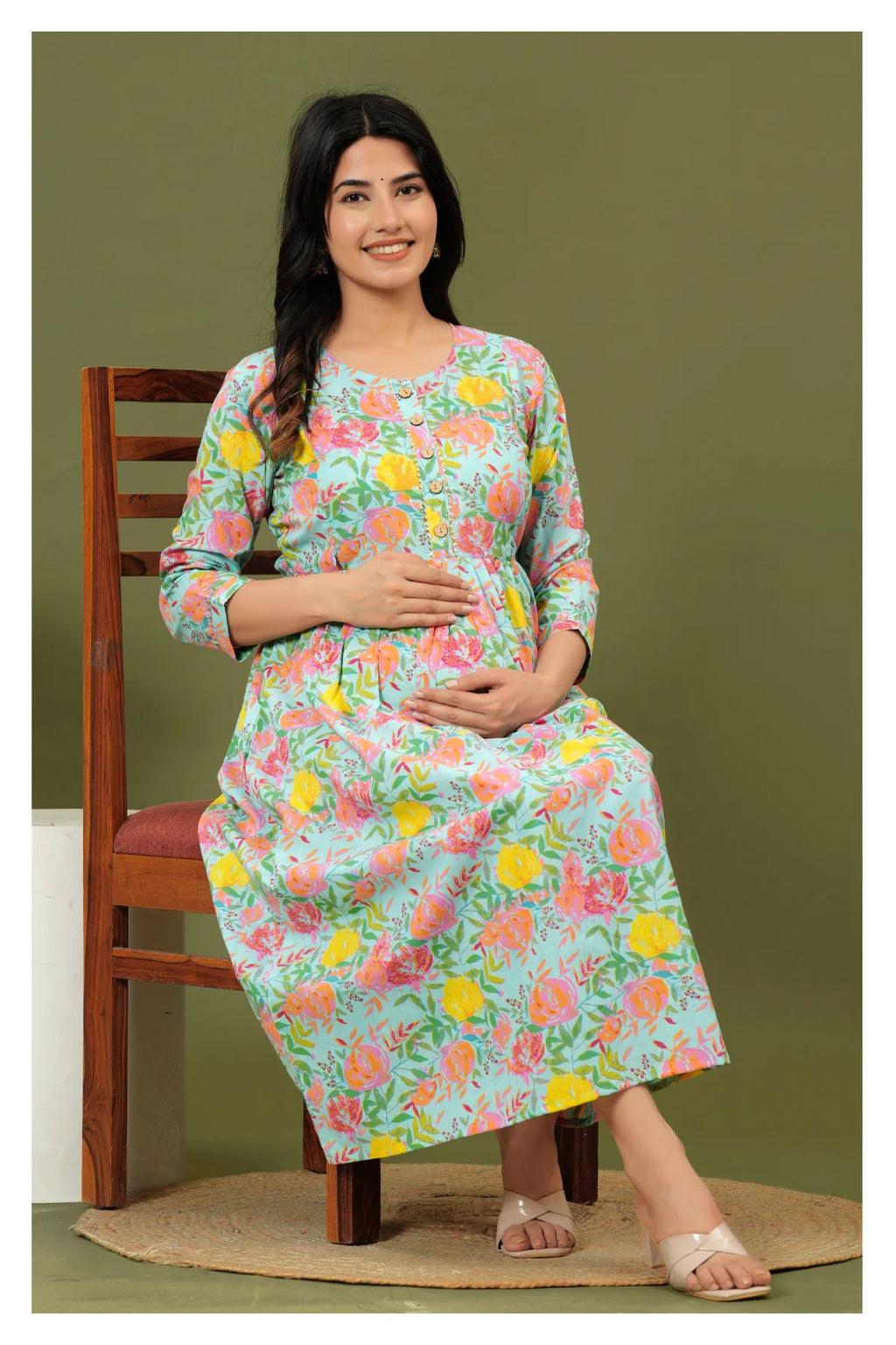 Mint Green Floral Printed Cotton Feeding A-Line Kurti for Women