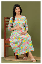 Mint Green Floral Printed Cotton Feeding A-Line Kurti for Women