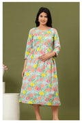 Mint Green Floral Printed Cotton Feeding A-Line Kurti for Women