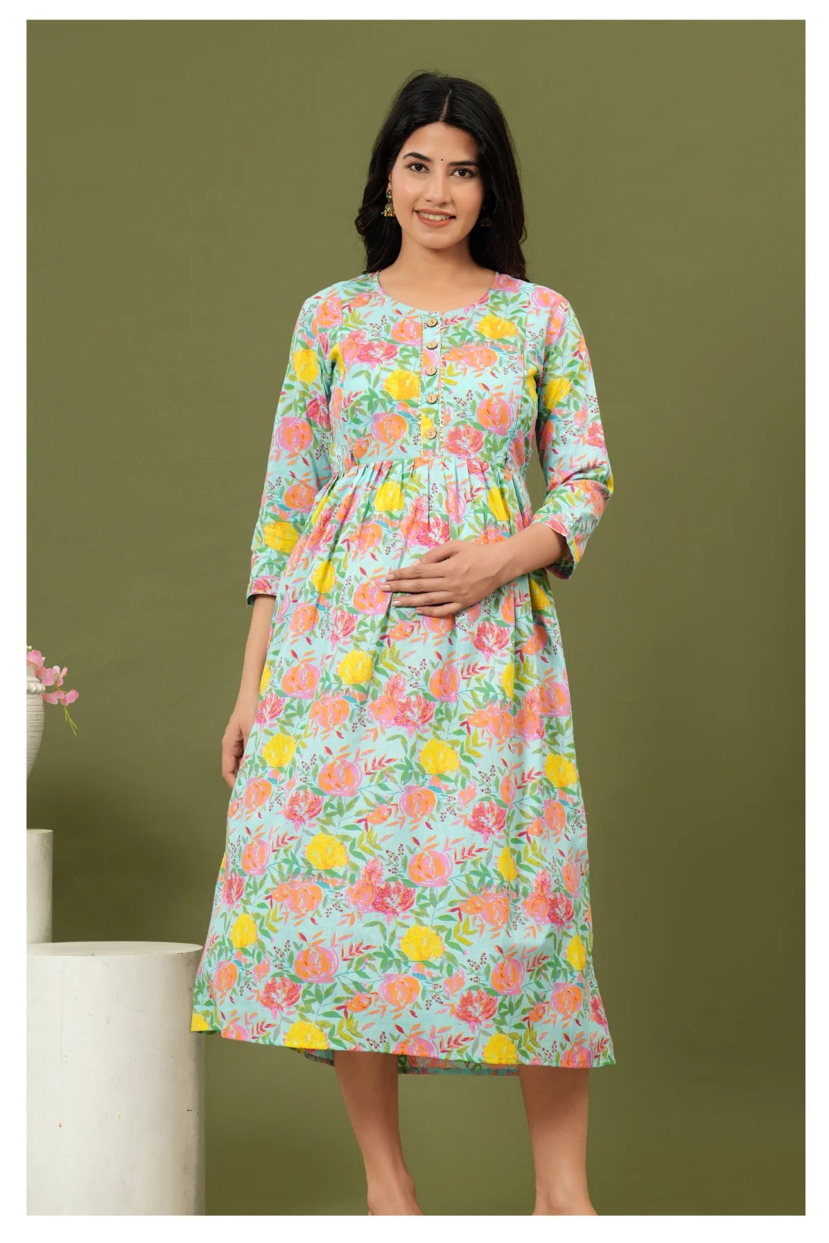 Mint Green Floral Printed Cotton Feeding A-Line Kurti for Women
