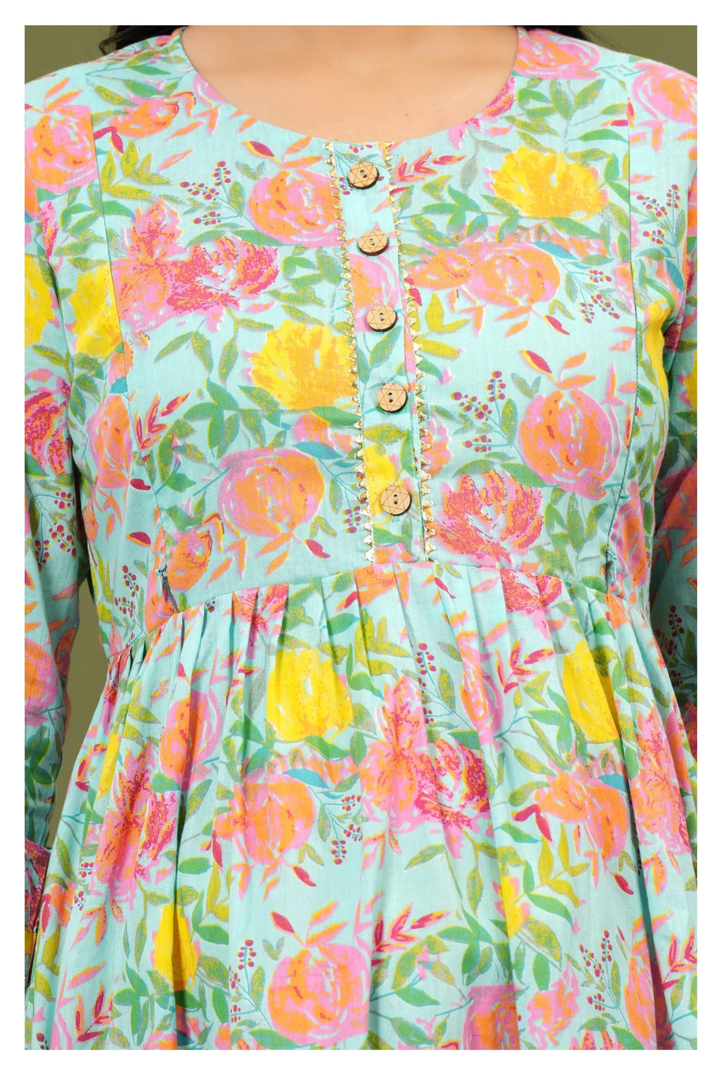 Mint Green Floral Printed Cotton Feeding A-Line Kurti for Women