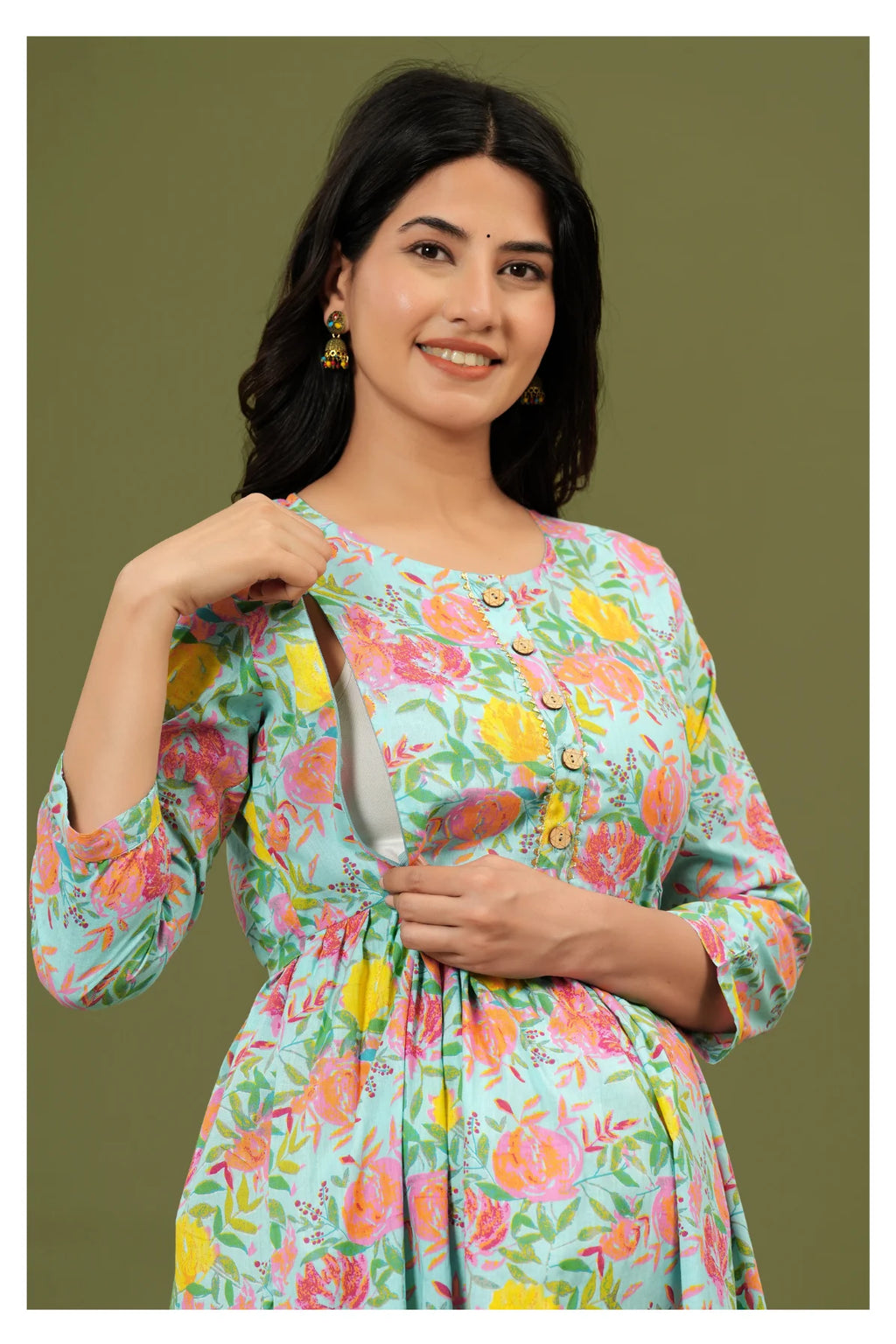 Mint Green Floral Printed Cotton Feeding A-Line Kurti for Women