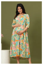 Mint Green Floral Printed Cotton Feeding A-Line Kurti for Women