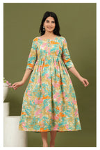 Mint Green Floral Printed Cotton Feeding A-Line Kurti for Women