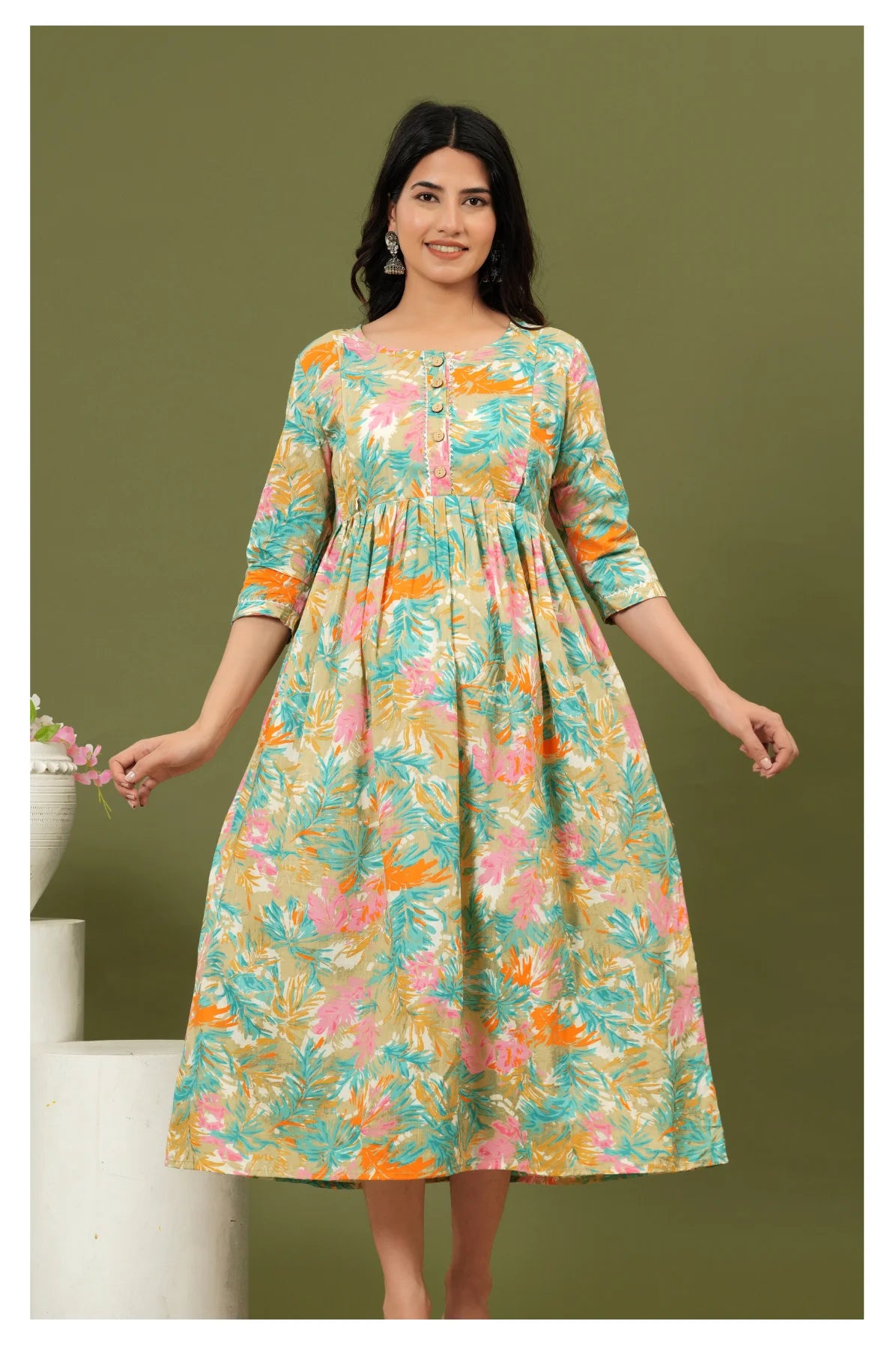 Mint Green Floral Printed Cotton Feeding A-Line Kurti for Women