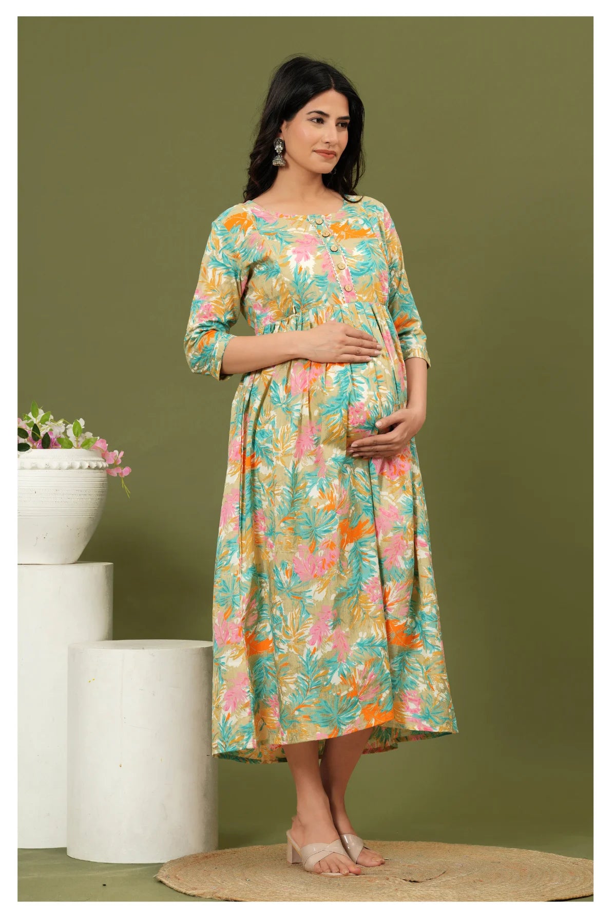 Mint Green Floral Printed Cotton Feeding A-Line Kurti for Women
