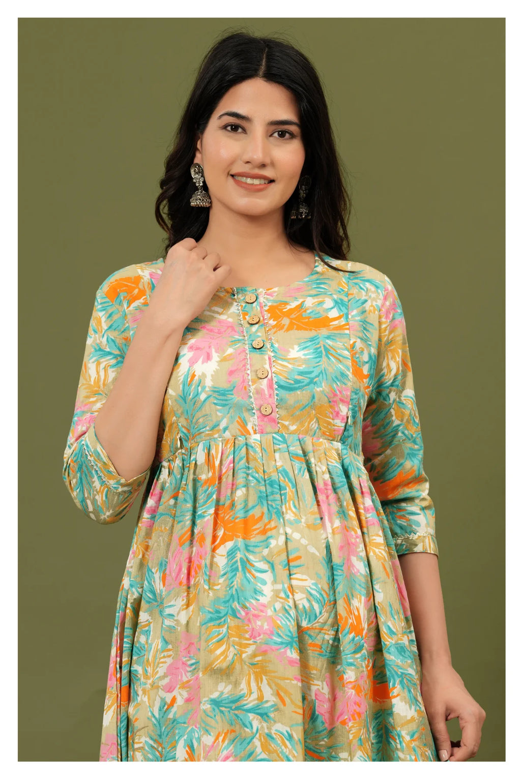 Mint Green Floral Printed Cotton Feeding A-Line Kurti for Women