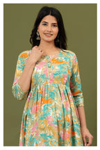Mint Green Floral Printed Cotton Feeding A-Line Kurti for Women