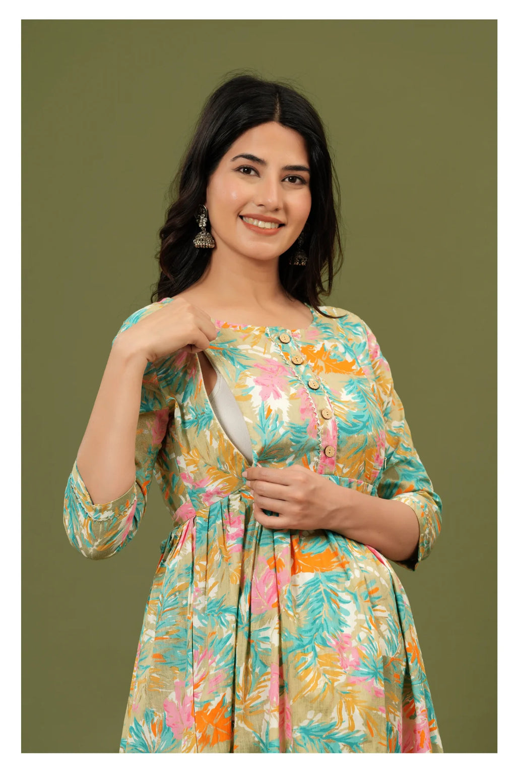 Mint Green Floral Printed Cotton Feeding A-Line Kurti for Women