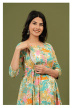 Mint Green Floral Printed Cotton Feeding A-Line Kurti for Women