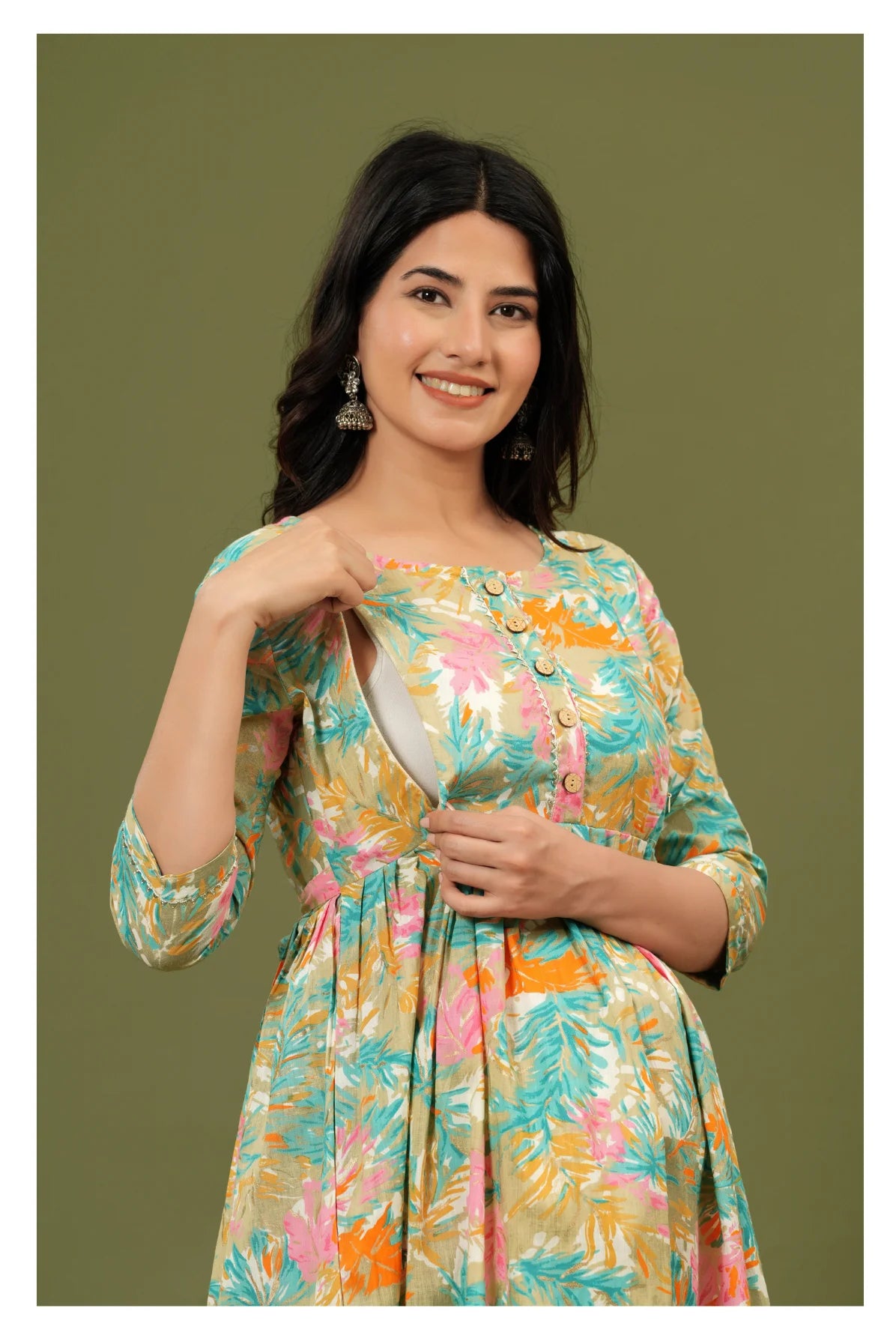 Mint Green Floral Printed Cotton Feeding A-Line Kurti for Women