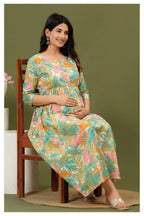 Mint Green Floral Printed Cotton Feeding A-Line Kurti for Women
