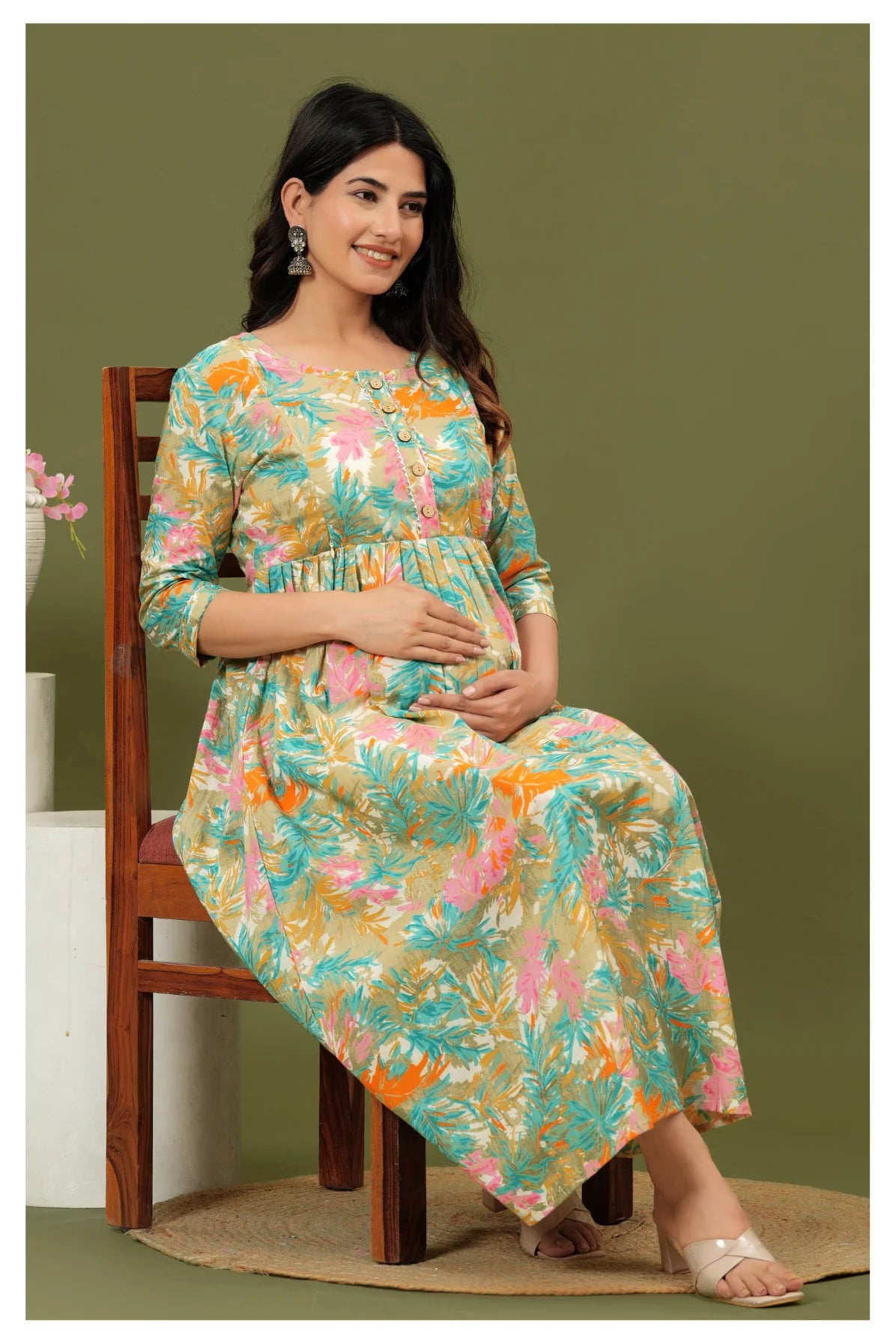 Mint Green Floral Printed Cotton Feeding A-Line Kurti for Women