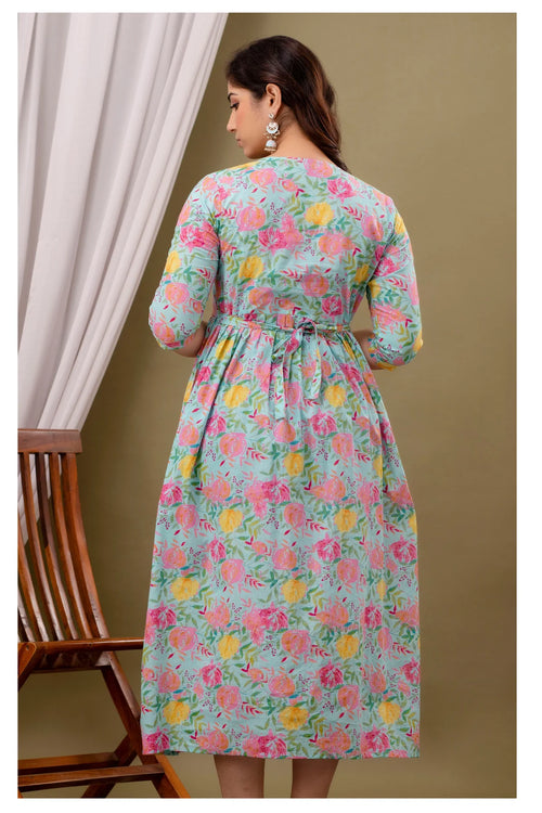 Aqua Floral Printed Cotton Feeding A-Line Kurti for Women