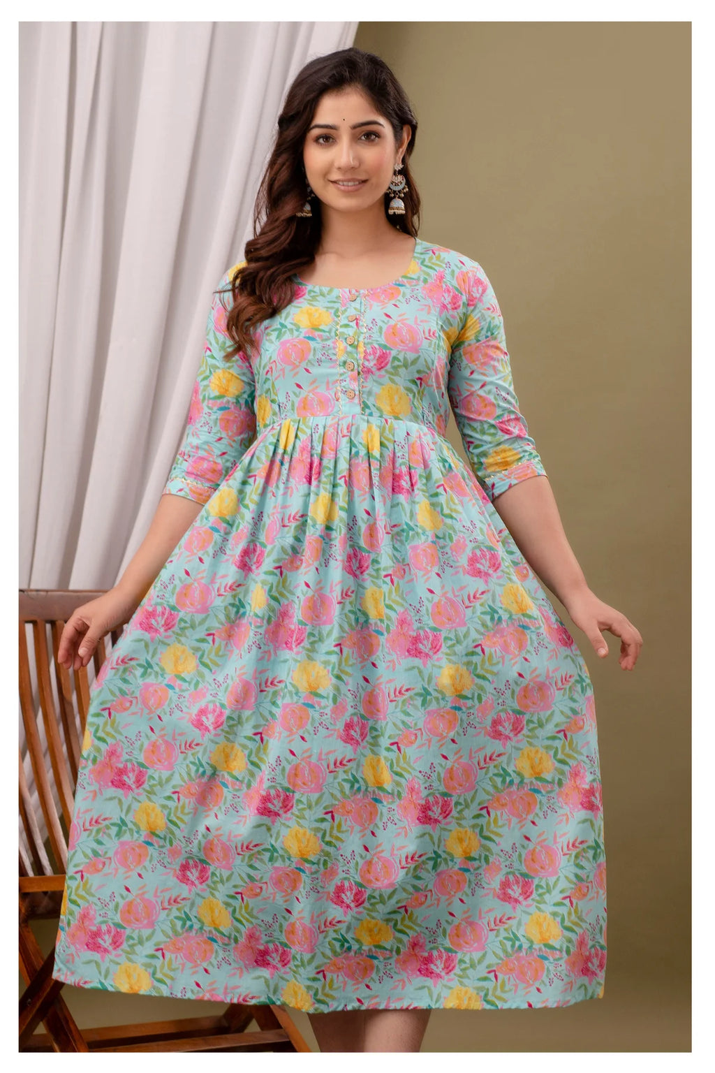 Aqua Floral Printed Cotton Feeding A-Line Kurti for Women