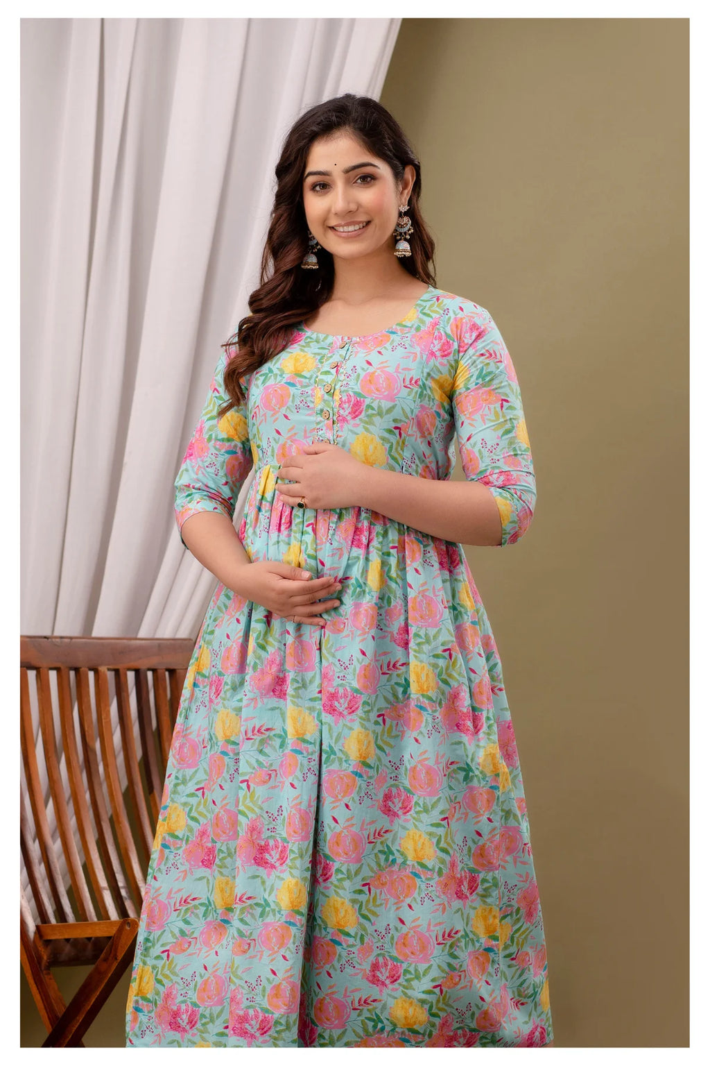 Aqua Floral Printed Cotton Feeding A-Line Kurti for Women