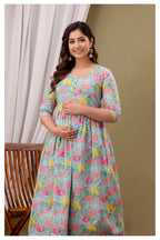 Aqua Floral Printed Cotton Feeding A-Line Kurti for Women