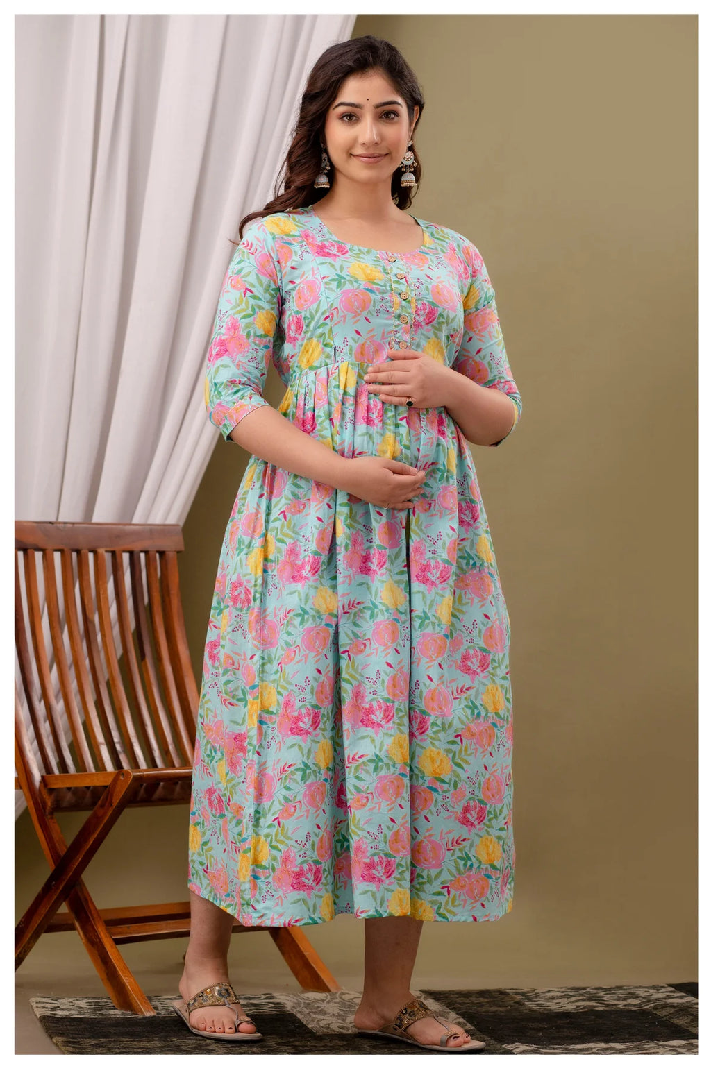 Aqua Floral Printed Cotton Feeding A-Line Kurti for Women