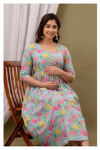 Aqua Floral Printed Cotton Feeding A-Line Kurti for Women