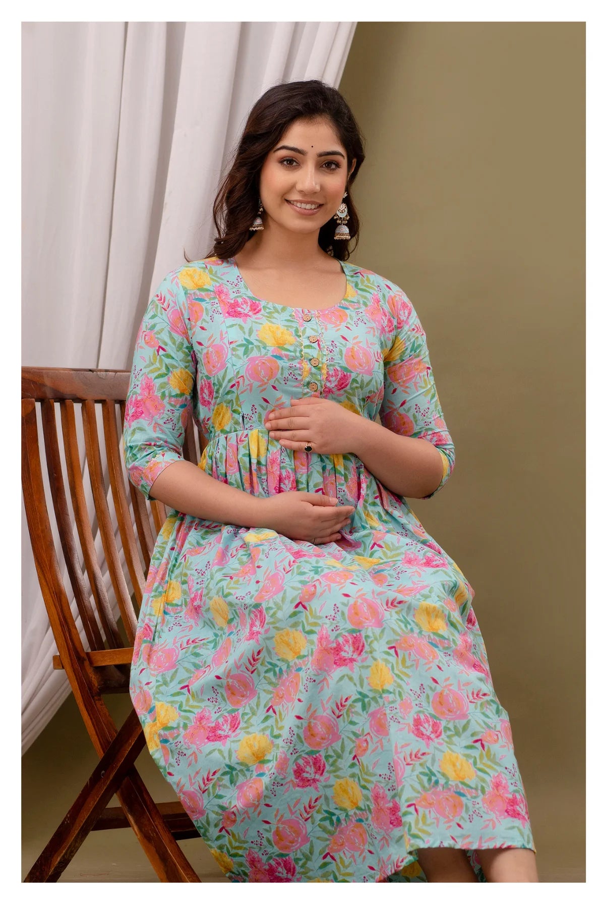 Aqua Floral Printed Cotton Feeding A-Line Kurti for Women