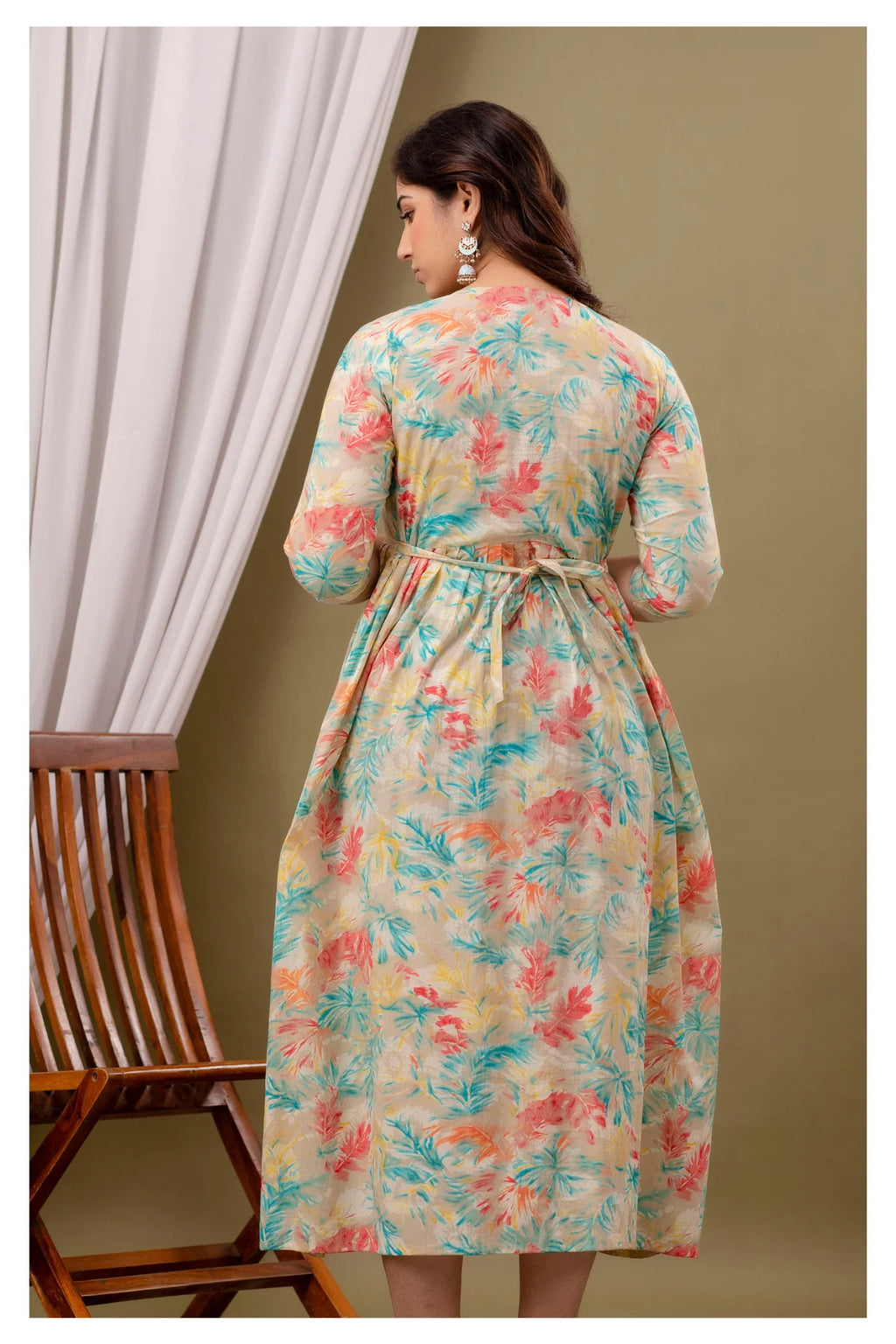 Cream Pastel Floral Printed Cotton Feeding A-Line Kurti for Women