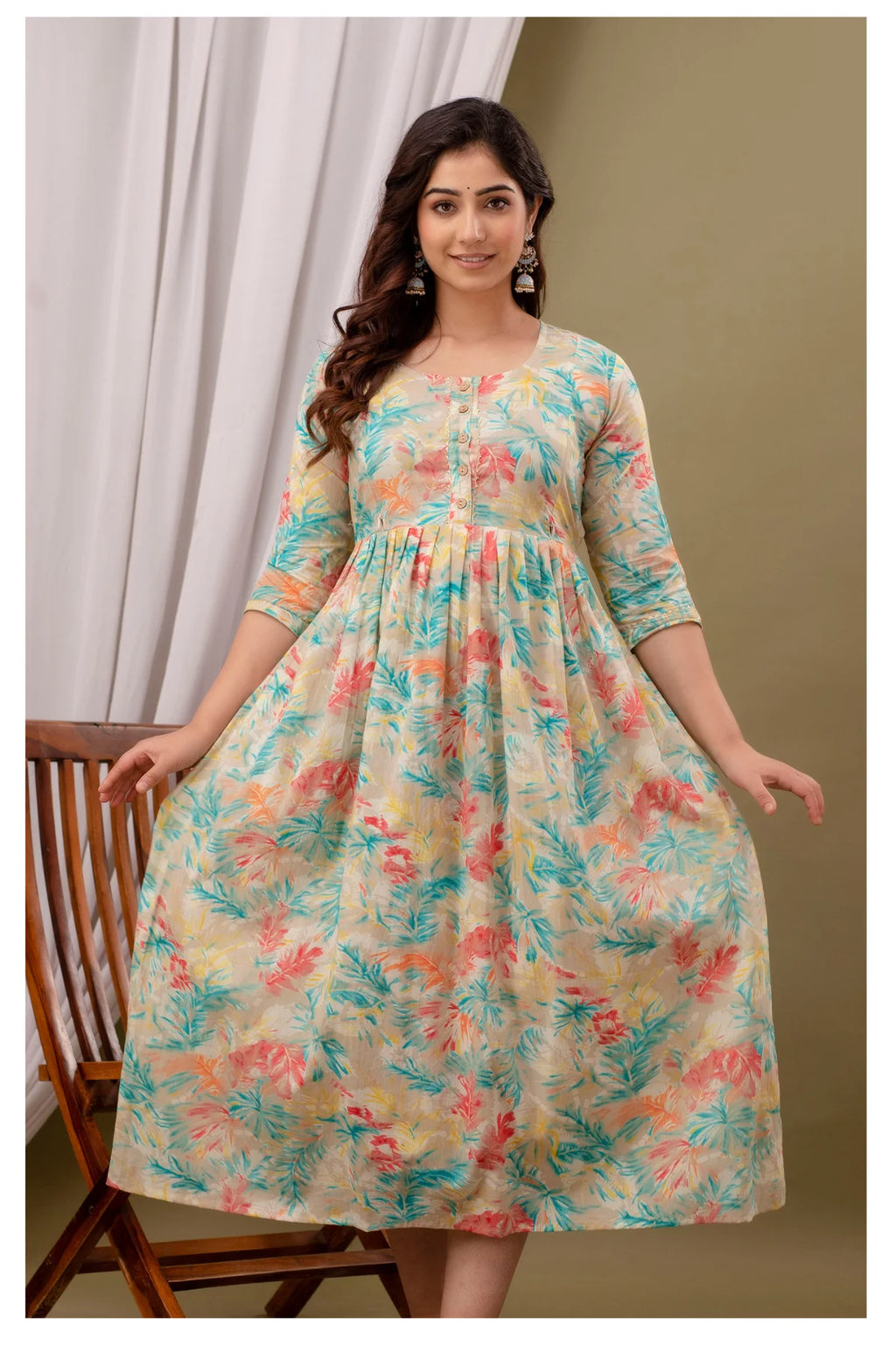 Cream Pastel Floral Printed Cotton Feeding A-Line Kurti for Women
