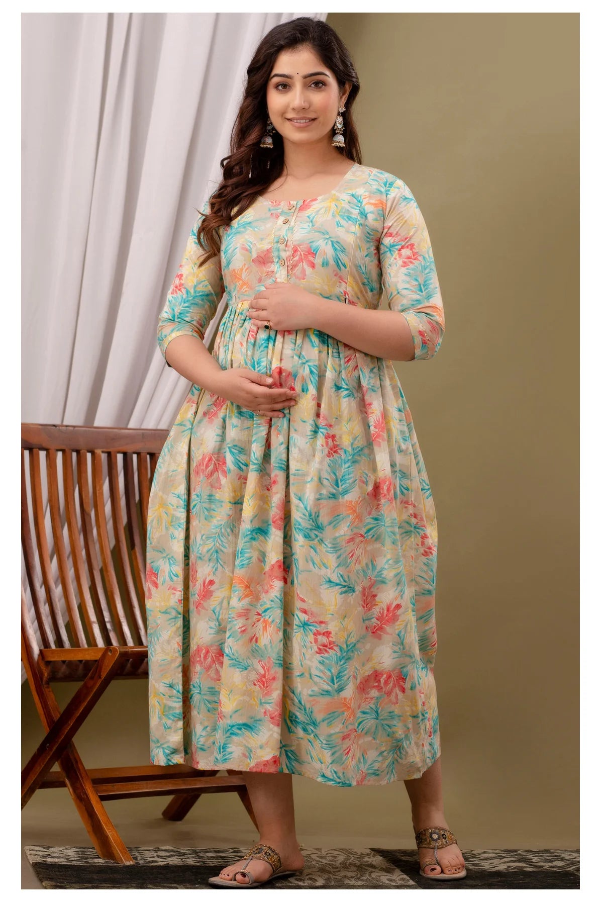 Cream Pastel Floral Printed Cotton Feeding A-Line Kurti for Women