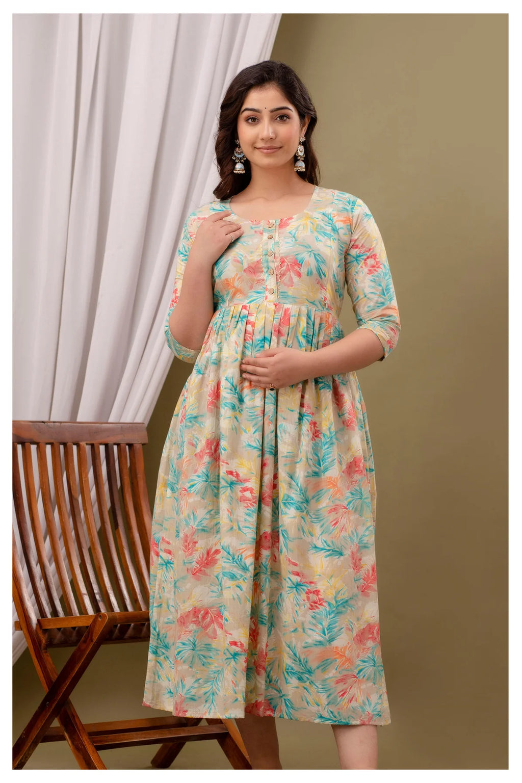 Cream Pastel Floral Printed Cotton Feeding A-Line Kurti for Women