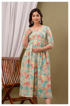 Cream Pastel Floral Printed Cotton Feeding A-Line Kurti for Women