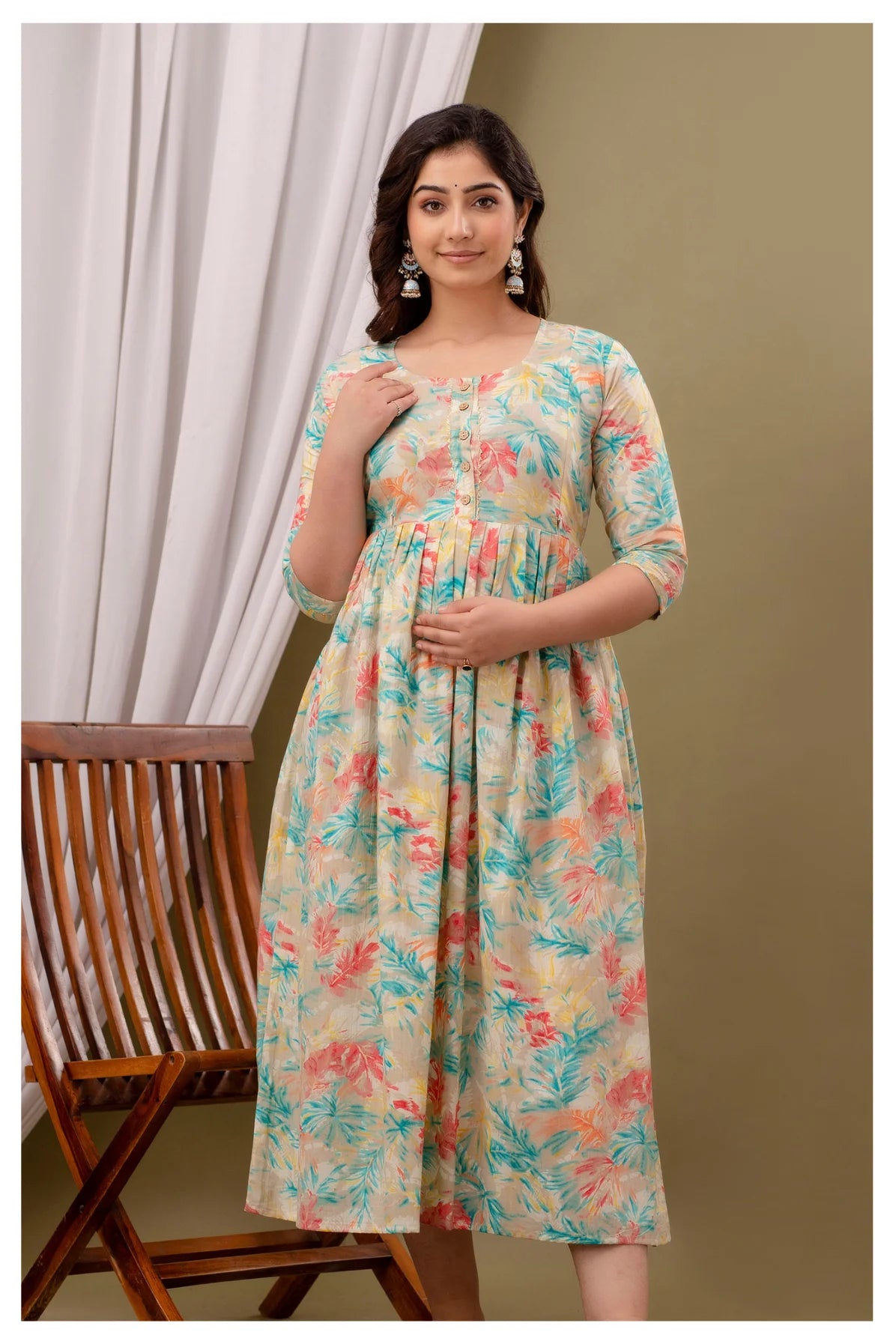 Cream Pastel Floral Printed Cotton Feeding A-Line Kurti for Women