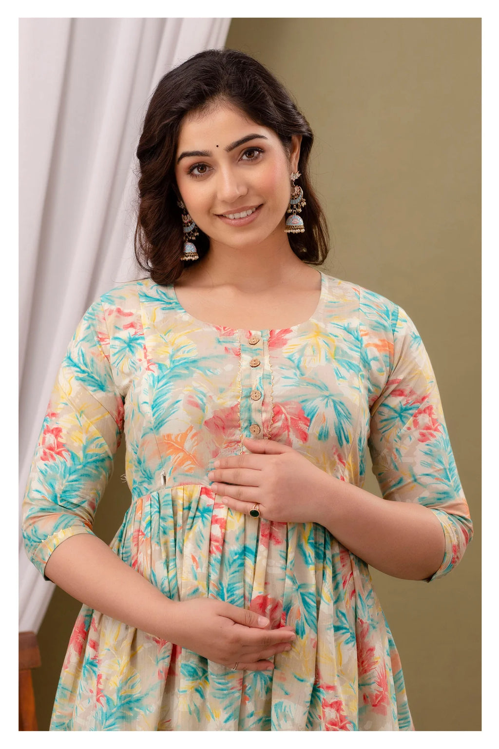 Cream Pastel Floral Printed Cotton Feeding A-Line Kurti for Women