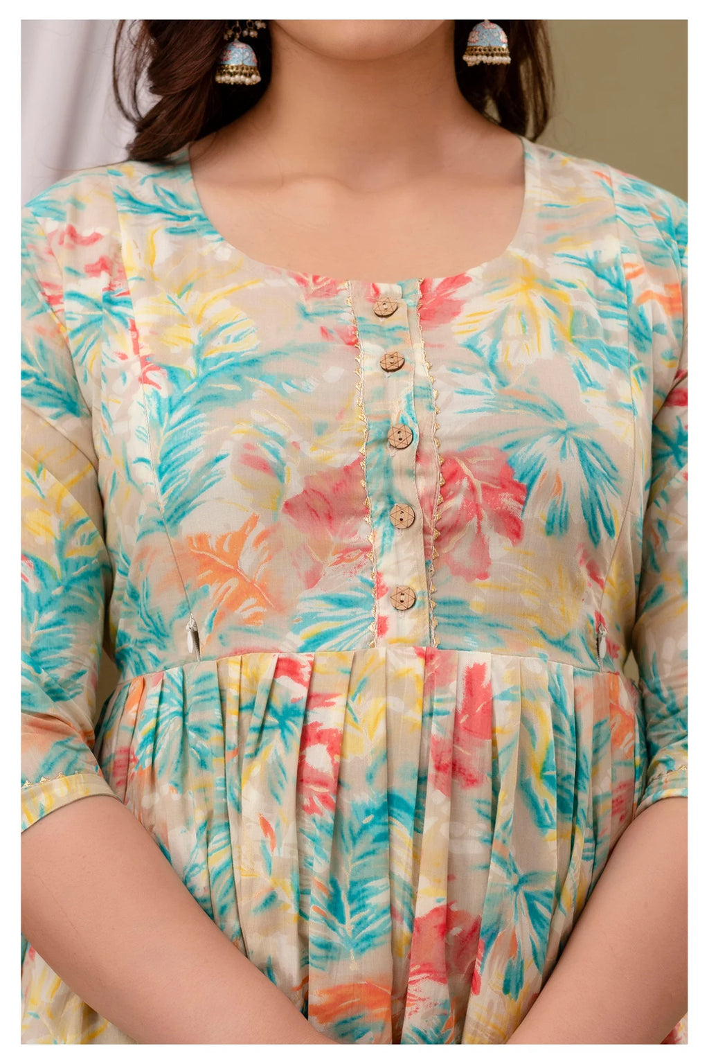 Cream Pastel Floral Printed Cotton Feeding A-Line Kurti for Women