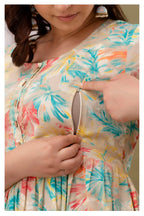 Cream Pastel Floral Printed Cotton Feeding A-Line Kurti for Women