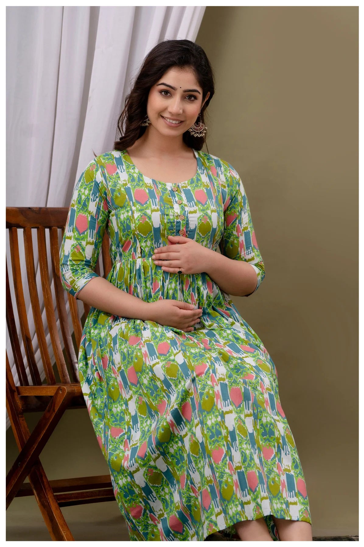 Green Geometric Printed Cotton A-Line Kurti for Women