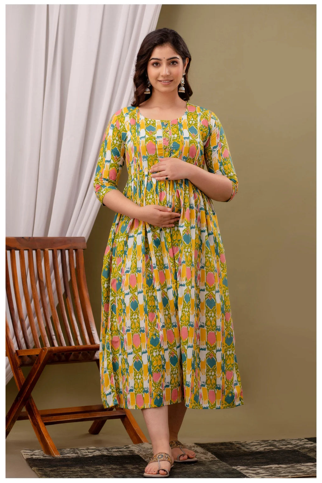 Green Abstract Printed Cotton Feeding A-Line Kurti for Women