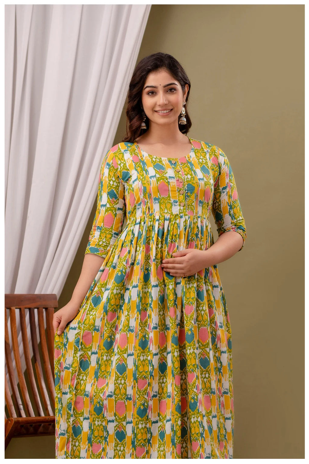 Green Abstract Printed Cotton Feeding A-Line Kurti for Women