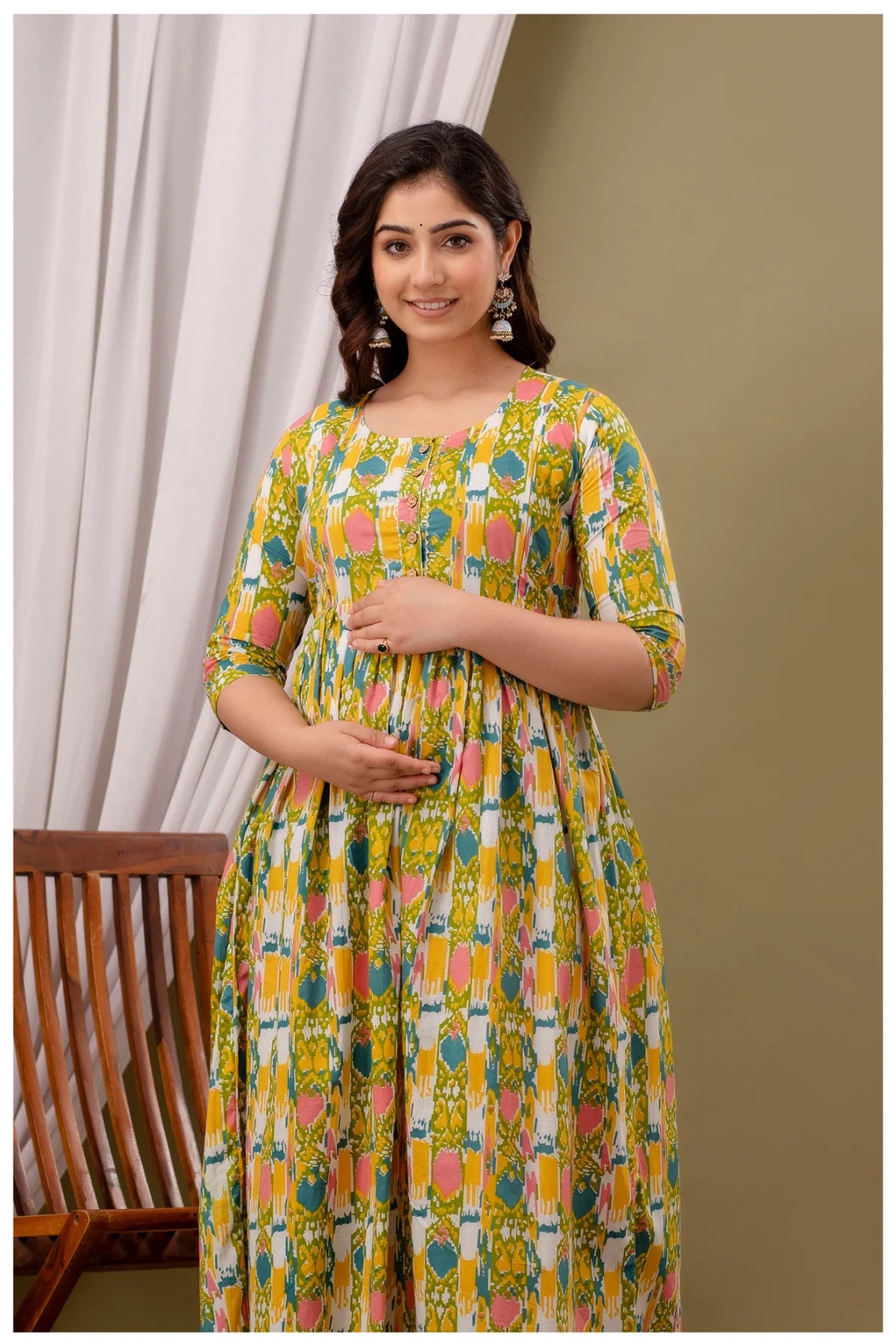 Green Abstract Printed Cotton Feeding A-Line Kurti for Women