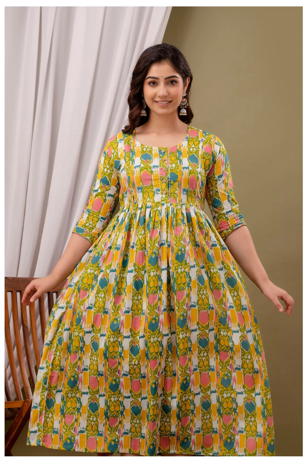 Green Abstract Printed Cotton Feeding A-Line Kurti for Women