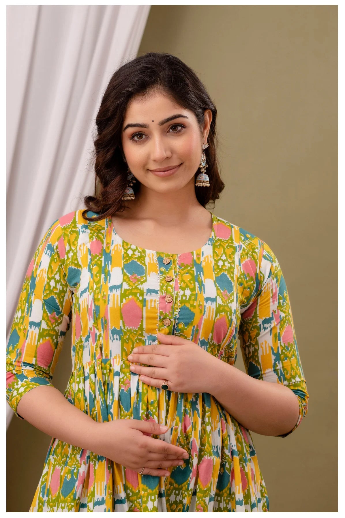 Green Abstract Printed Cotton Feeding A-Line Kurti for Women