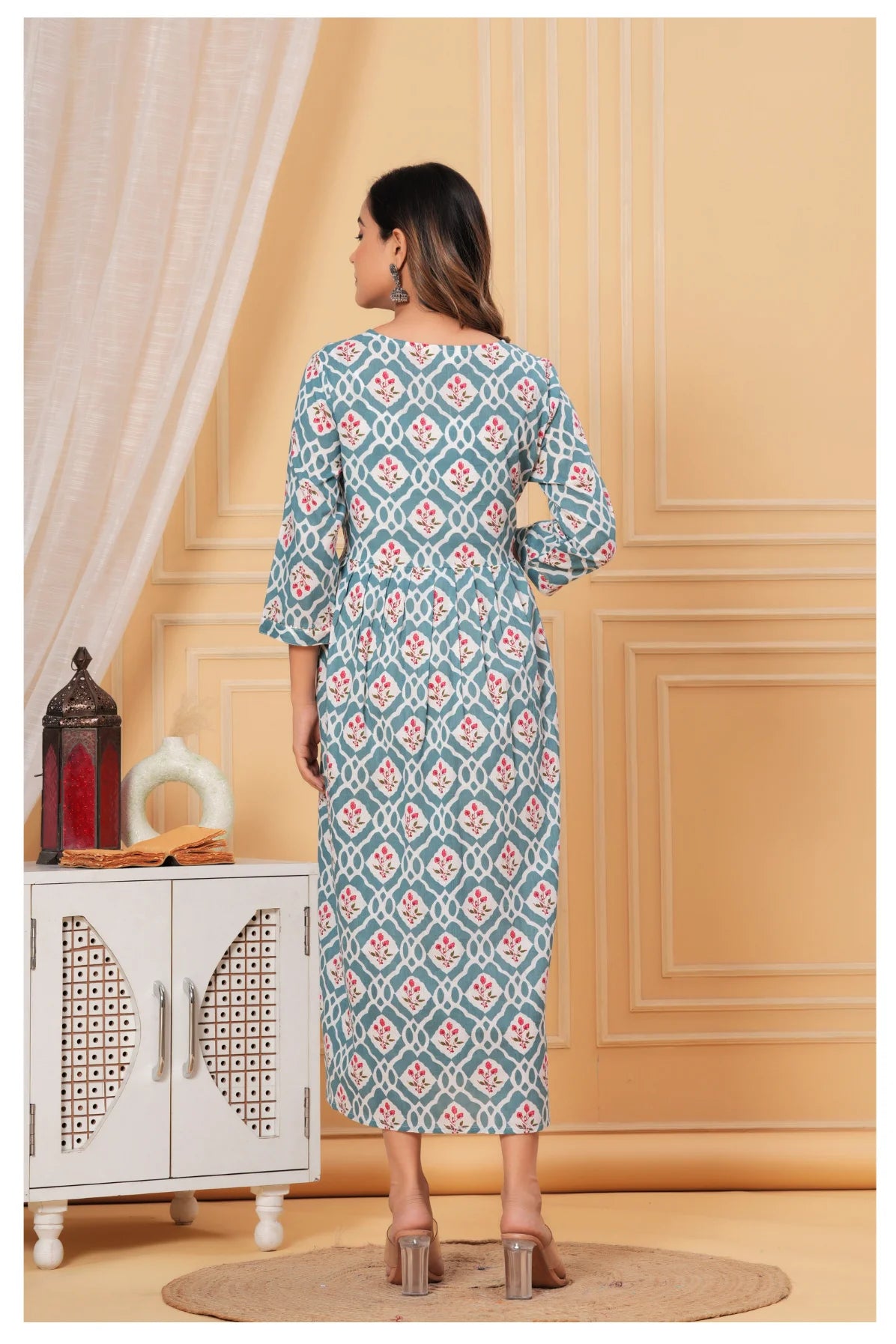 Teal Blue Geometric Printed Cotton Feeding A-Line Kurti for Women