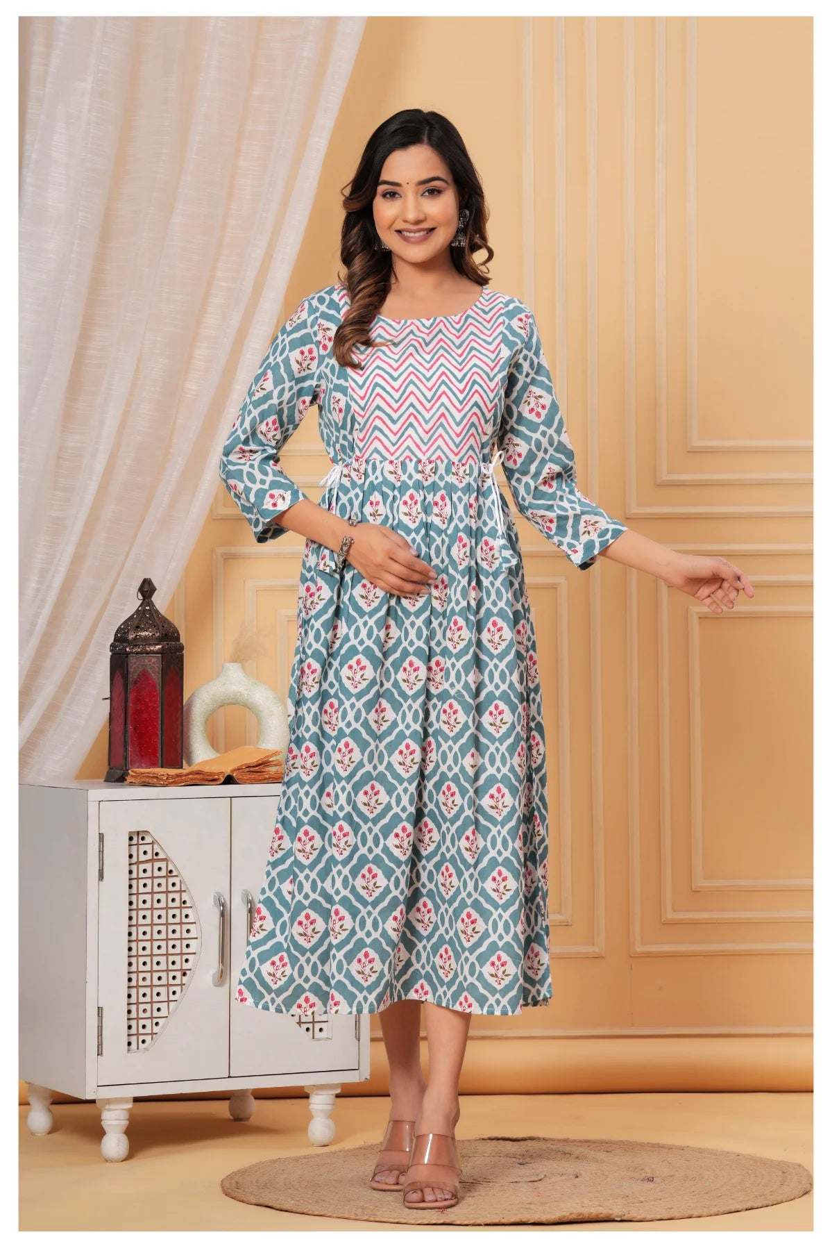 Teal Blue Geometric Printed Cotton Feeding A-Line Kurti for Women