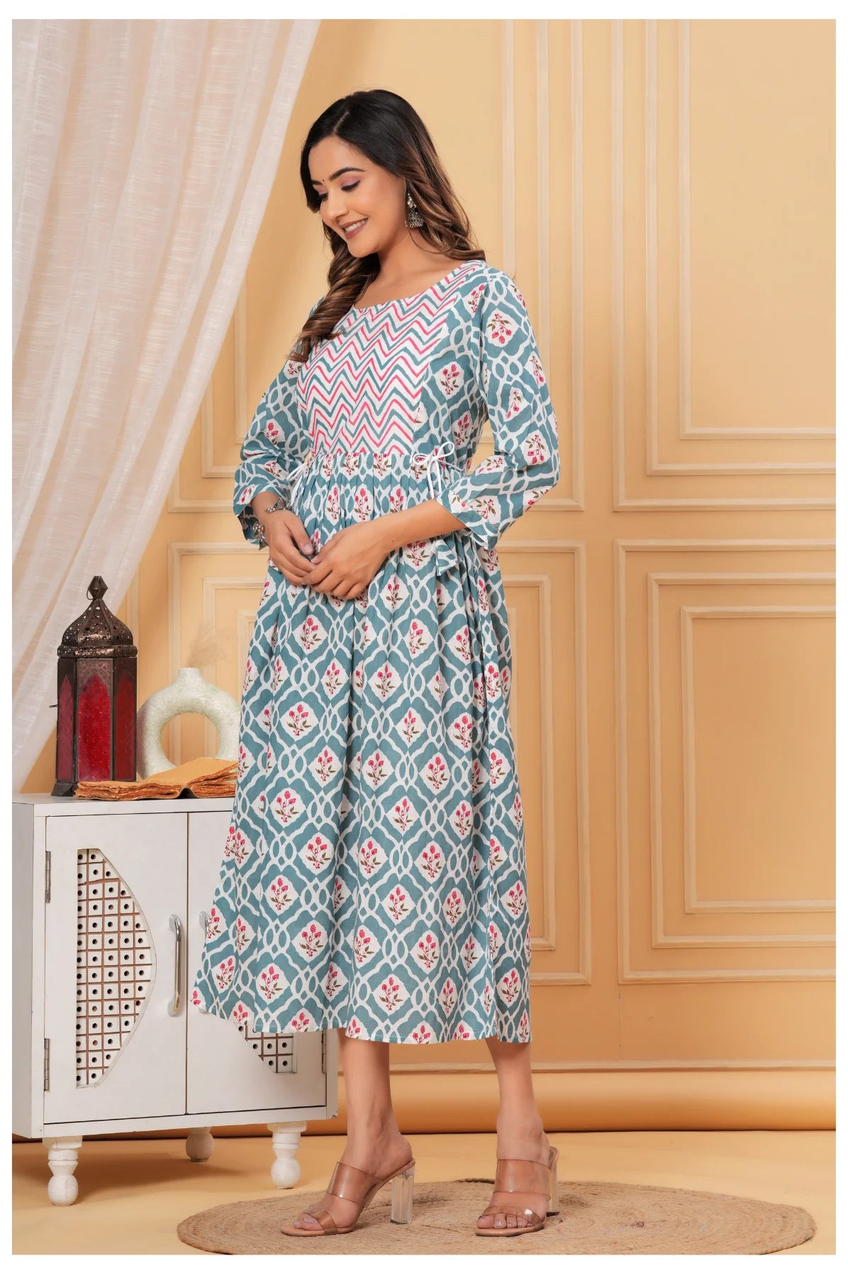 Teal Blue Geometric Printed Cotton Feeding A-Line Kurti for Women