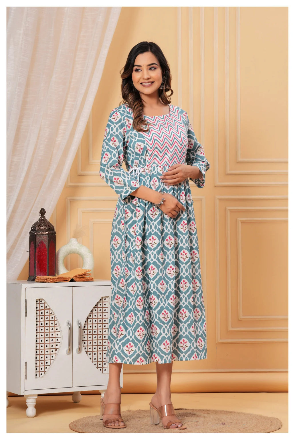 Teal Blue Geometric Printed Cotton Feeding A-Line Kurti for Women