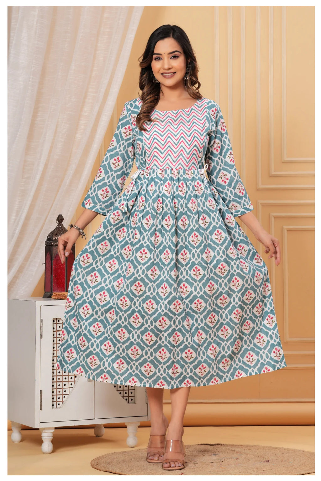 Teal Blue Geometric Printed Cotton Feeding A-Line Kurti for Women