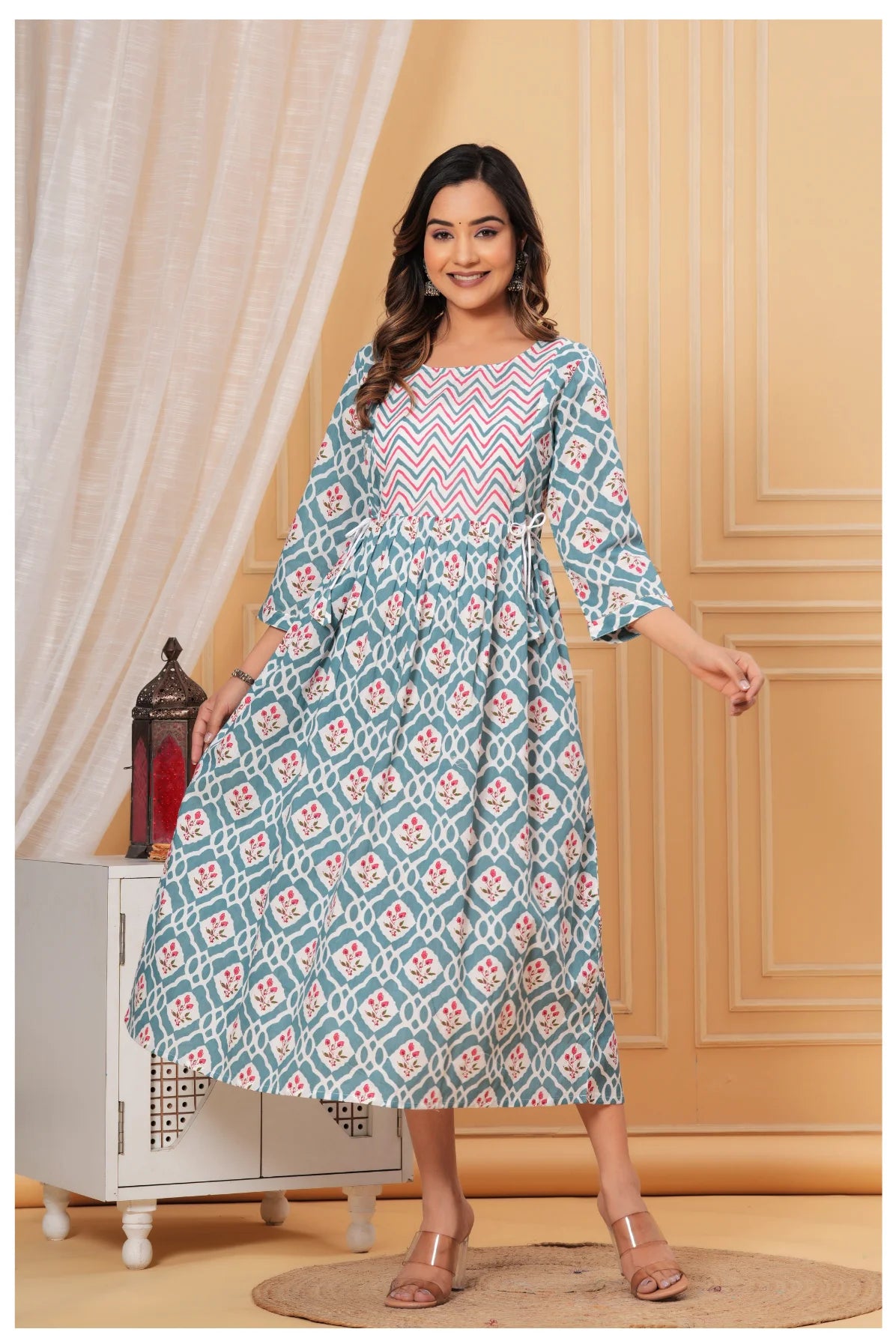 Teal Blue Geometric Printed Cotton Feeding A-Line Kurti for Women