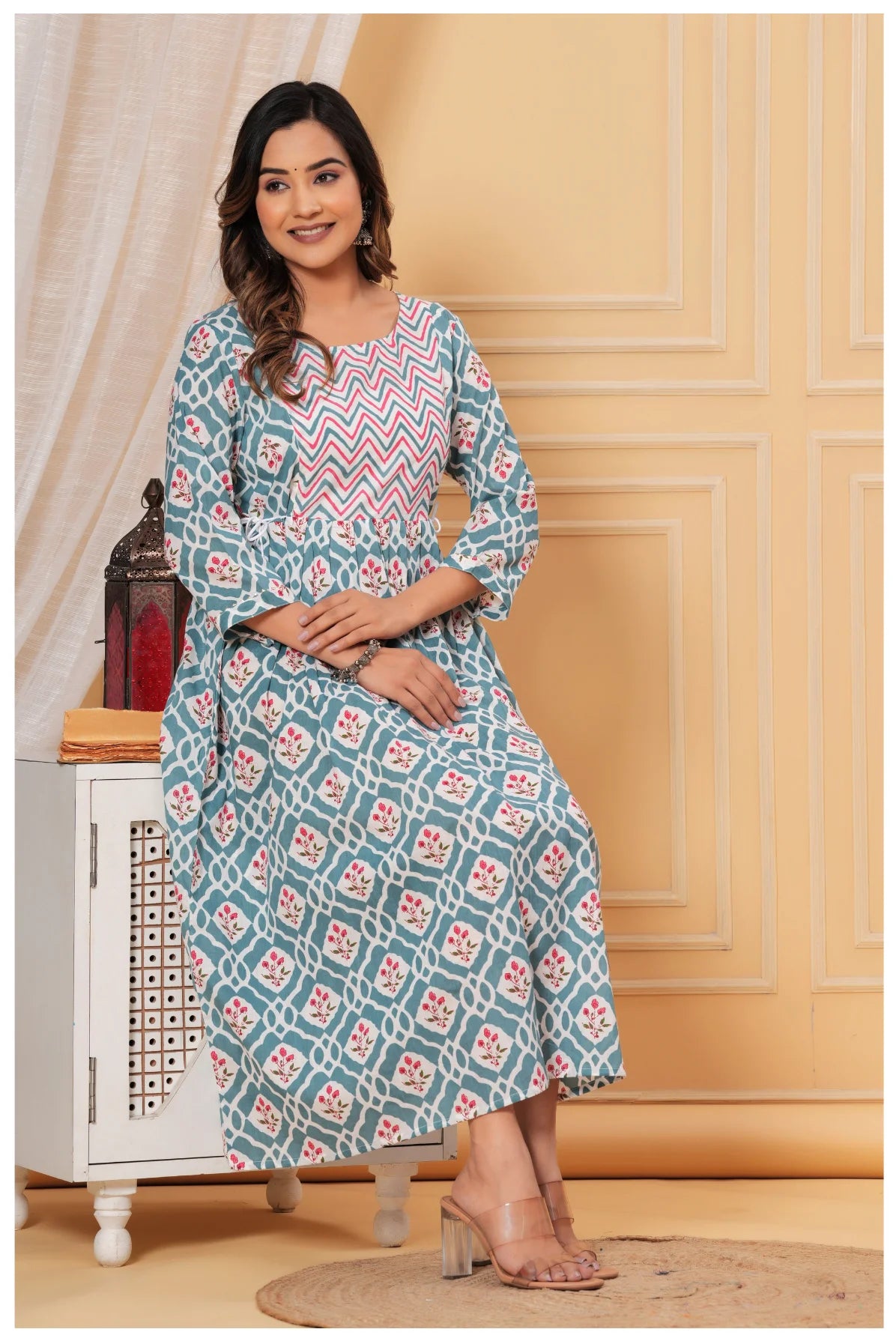 Teal Blue Geometric Printed Cotton Feeding A-Line Kurti for Women