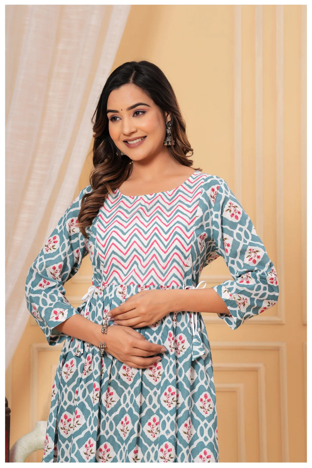 Teal Blue Geometric Printed Cotton Feeding A-Line Kurti for Women