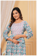 Teal Blue Geometric Printed Cotton Feeding A-Line Kurti for Women